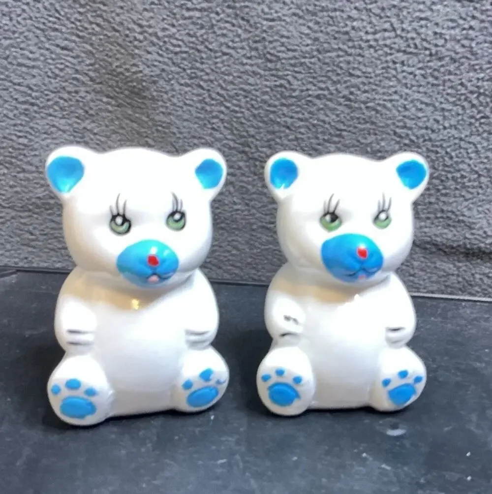 Vintage Loomco Blue & White Teddy Bear Salt & Pepper Shakers Early 1990s